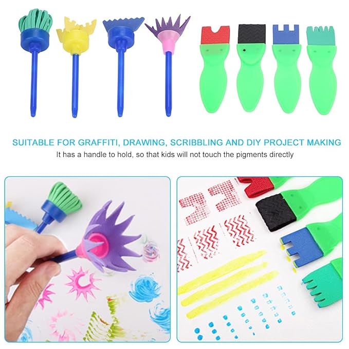 12pcs Kids Painting Brushes, Sponge Paint Roller Brush Portable Toy Drawing Set Painting Tools for Child Play