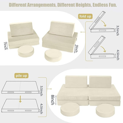 MeMoreCool Modular Kids Play Couch, Beige Foam Sofa and Fort Explorer Building Set for Toddlers and Playroom