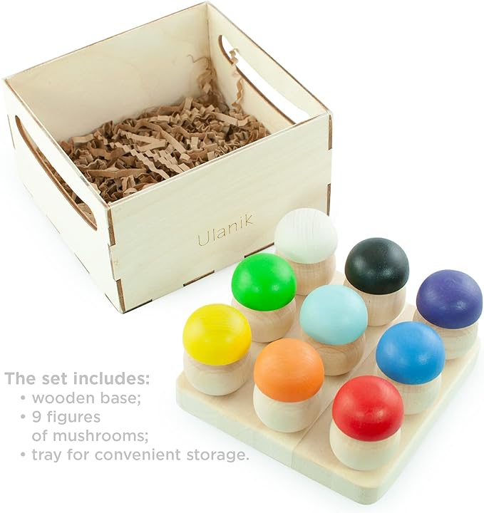 Ulanik Mushroom Glade Toddler Montessori Toys for 3 Year Old + Kids Wooden Mushrooms Game for Learning Color Sorting and Counting Preschool Education — 9 pcs