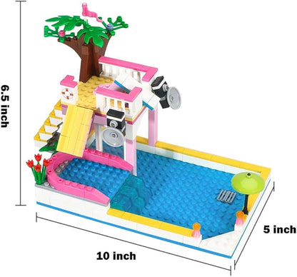 BRICK STORY Dream Girls Friends Summer Pool Party Building Sets with Diving Platform Slides Juice Bar Sun Lounger Palm Tree Summer Fun Water Park Pool Building Blocks Gift for Kids Aged 6-12 (302 PCS)