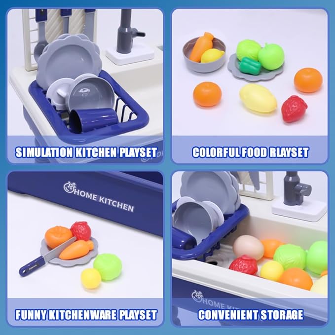 Play Kitchen Sink Toys with Running Water, Toddler Electric Dishwasher Playing Toy with Cutting Foods, 33 PCS Pretend Role Play Accessories Set, Learning Gift for Girls Boys (Blue)
