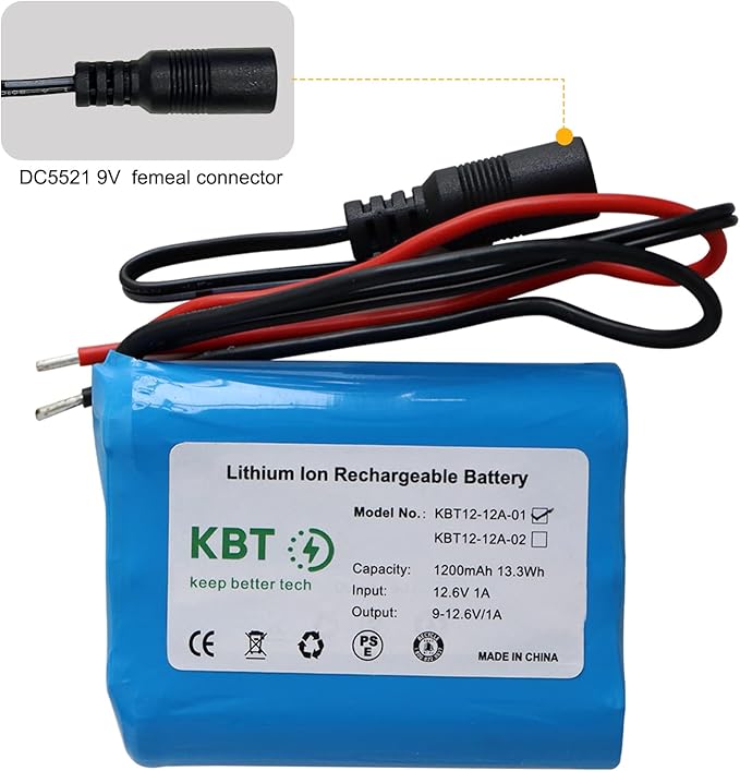 KBT 12V 1200mAh Rechargeable Li-ion Battery, Bare Leads Wire Replacement Battery Pack with Charger Compatible for 12V Devices RC Car, Boat, Robot, DIY, LED Light Kit