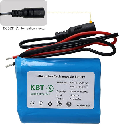 KBT 12V 1200mAh Rechargeable Li-ion Battery, Bare Leads Wire Replacement Battery Pack with Charger Compatible for 12V Devices RC Car, Boat, Robot, DIY, LED Light Kit