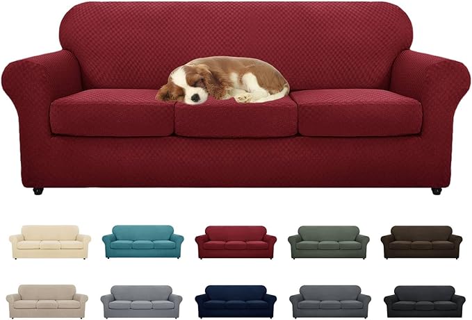 MAXIJIN 4 Piece Jacquard Extra Large Couch Covers for 3 Cushion Couch Super Stretch Non Slip Couch Cover for Dogs Pet Friendly Sofa Slipcover Furniture Protector (Oversized Sofa, Wine Red)
