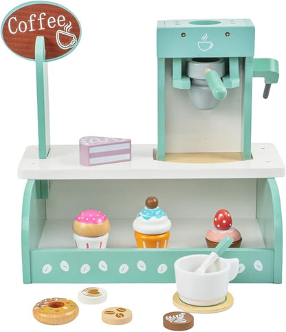Wooden Coffee Shop Toys Play Set for Kids, Cake Dessert Coffee Maker Toy, Montessori Pretend Play Food Kitchen Accessories for Toddler Girls and Boys (Coffee Shop)
