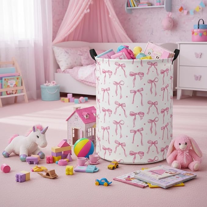 Baby Laundry Basket Kids Hamper Toy Storage Bin for Boys Room Decor Baby Nursery Hamper Gift Baskets for Bedroom Bathroom(Dot Bowknot)