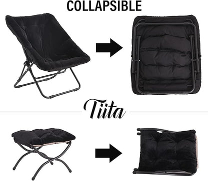 Tiita Saucer Chair with Ottoman, Soft Faux Fur Oversized Folding Accent Chair,Lounge Lazy Chair, Metal Frame Moon Chair for Bedroom, Living Room, Dorm Rooms, Garden and Courtyard