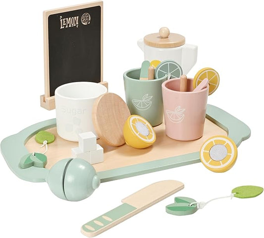 22pcs Wooden Tea Set for Little Girls, Toddler Tea Set with Lemons Kids Pretend Play Kitchen Accessories, Wooden Toys Lemonade Playset Gift Kids Tea Party Set with Sugar and Tea Bag