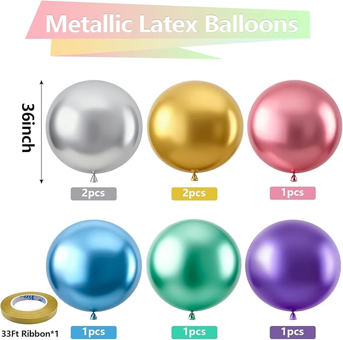 Bezente Metallic Chrome Giant Balloons 36 Inch - 8 Pack Jumbo Assorted Latex Balloons Large Round Colorful Party Balloons for New Years Birthday Bridal Shower Wedding Decorations 2026