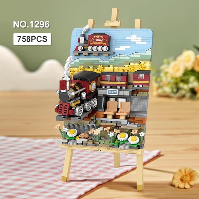 LOZ 1296 Mini Blocks Building Sets,3D Art Framed Train Station Building Kit,MOC Street View Creative Model Set,Creative DIY Bricks Toys for Adults Boys - 758 PCS (1296)