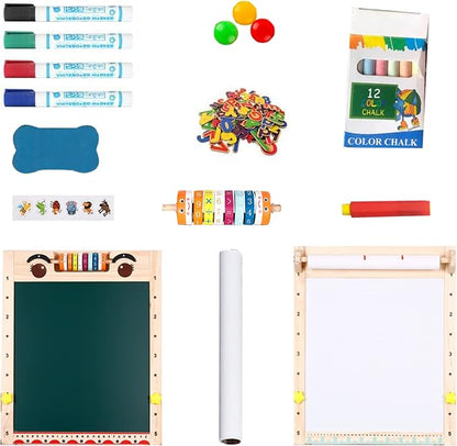 Kids Easel with Paper Roll Double-Sided Whiteboard & Chalkboard Standing Easel with Numbers and Other Accessories for Kids and Toddlers (with Abacus)