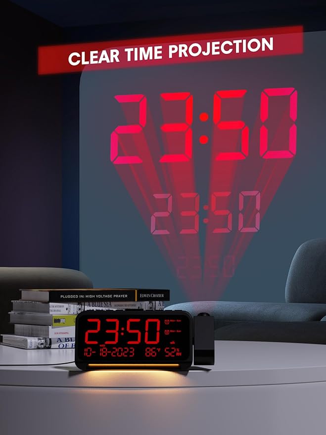 Projection Alarm Clock for Bedroom Ceiling, Digital Clock Projector with Weekday/Weekend Mode, Date, Temperature, Humidity, Type-C USB Charger, Night Light, Dual Alarms, DST, Dimmer,12/24H