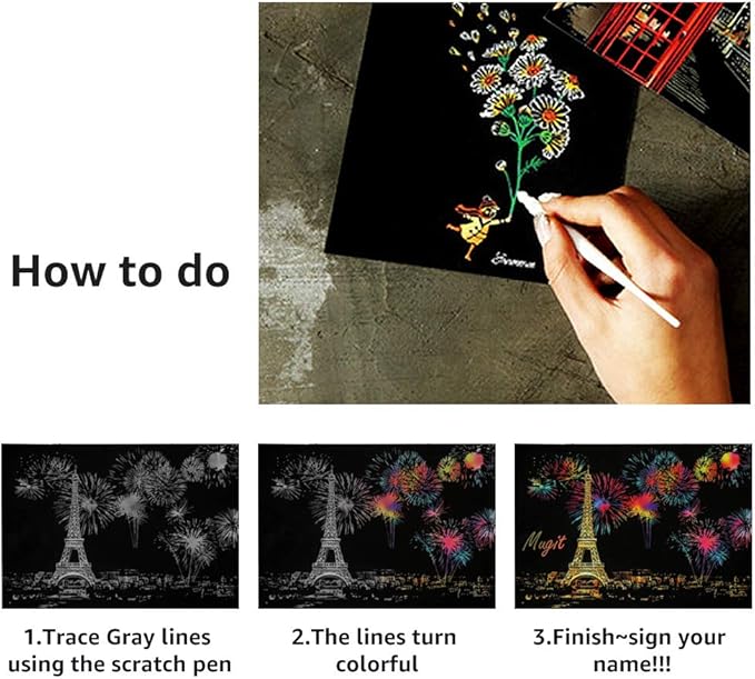 Magic Scratch Art Paper(7.9"x5.5"), Rainbow Landscape Engraving Art Mini Scratchboard Pads for Adults and Kids, Art & Crafts Set: 12 Sheets Scratch Postcard Cards & Drawing Pens, Brush (City Living)