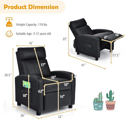 Costzon Kids Recliner, Adjustable PU Leather Lounge Chair with Side Pockets, Footrest, Headrest for Kids Aged 3-12, Black