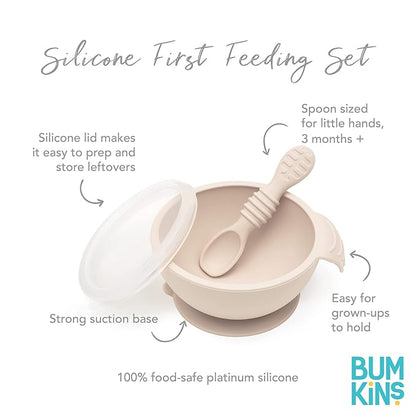 Bumkins Baby Bowl, Silicone Feeding Set with Suction for Baby and Toddler, Includes Spoon and Lid, First Feeding Set, Training Essentials for Baby Led Weaning for Babies 4 Months Up, Sand