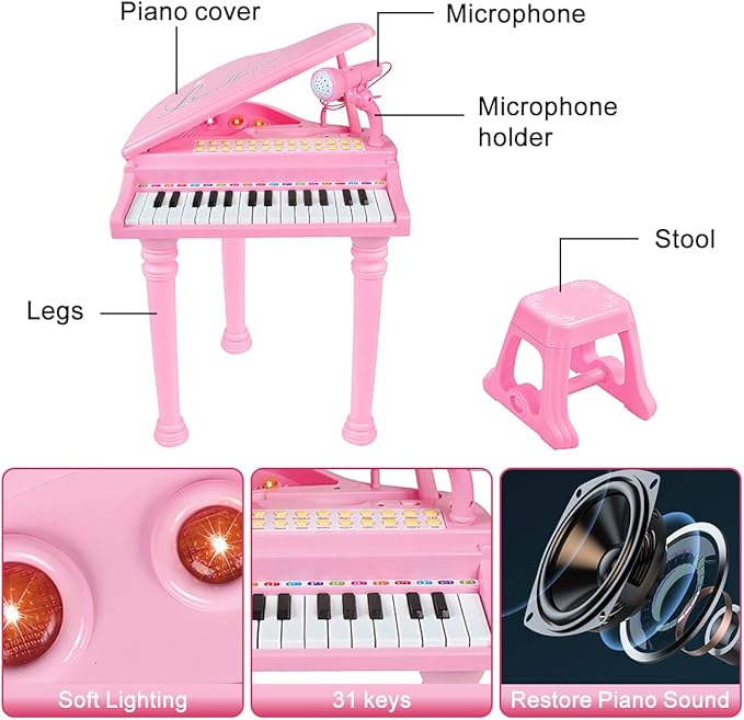 Losbenco Kids Piano Keyboard Toy, Toddler Electronic Musical Instrument Educational Toy with Microphone, Multiple Sounds, Record Playback, Lights & Stool, Birthday Gift for 3 4 5 6 7 Years Old Girls