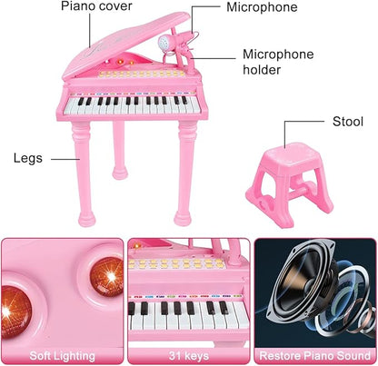 Losbenco Kids Piano Keyboard Toy, Toddler Electronic Musical Instrument Educational Toy with Microphone, Multiple Sounds, Record Playback, Lights & Stool, Birthday Gift for 3 4 5 6 7 Years Old Girls