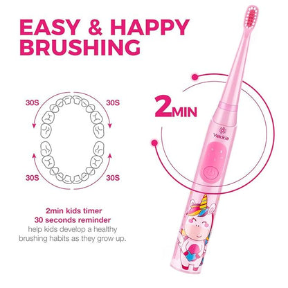 Vekkia Sonic Rechargeable Kids Electric Toothbrush, 3 Modes with Memory, Fun & Easy Cleaning, 24000 Strokes, IPX7 Waterproof, 2-Min Timer for Age 5+, 4 Soft Bristles(Pink)