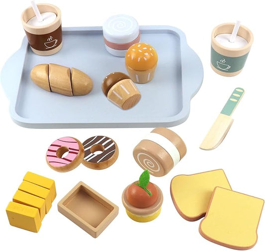 Wooden Food Toys for Toddlers 1-3, Wooden Play Food Set, Breakfast with Velcro Food Cutting Toys, Wood Play Food, Wooden Food for Play Kitchen for Toddlers Boys and Girls, Aged 3 4 5 6