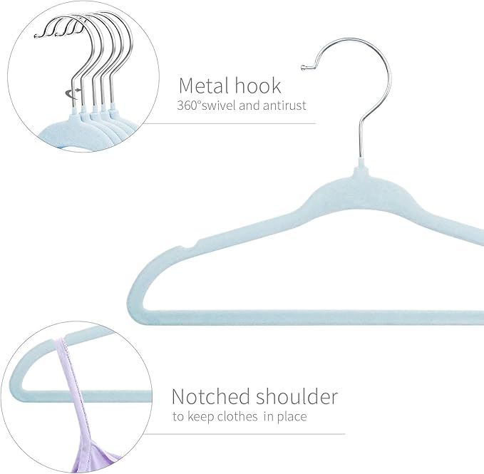 ManGotree Velvet Baby Clothes Hangers, Baby Toddler Kids Hangers with Swivel Hook, Notched Shoulder Design for Kids and Children Clothes (30 Pack, Blue)