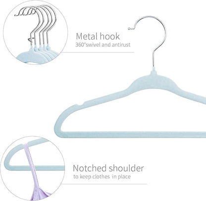 ManGotree Velvet Baby Clothes Hangers, Baby Toddler Kids Hangers with Swivel Hook, Notched Shoulder Design for Kids and Children Clothes (30 Pack, Blue)