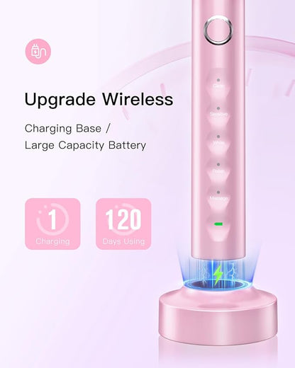 Rtauys Electric Toothbrush for Adults and Kids, Wireless Rechargeable Tooth Brush with 8 Replacement Heads, One Charge for 120 Days, 5 Modes Toothbrush with Travel Case, Pink