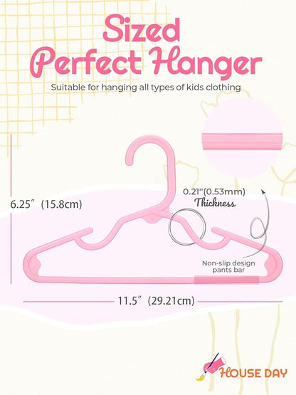 HOUSE DAY Kids Plastic Hangers for Closet, Childrens Hangers for Clothes & Baby Hangers, Toddler, and Child Clothes - Clothing, Pants, Coats, and More - Ideal for Everyday Use (Pink, 120 Pack)