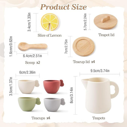Tea Party Set for Little Girls,Wooden Tea Set,Princess Tea Time Sets for Kids Best Gifts for Toddler with Silicone Teapot Cups Wood Tray Scoop,Dishwasher Safe