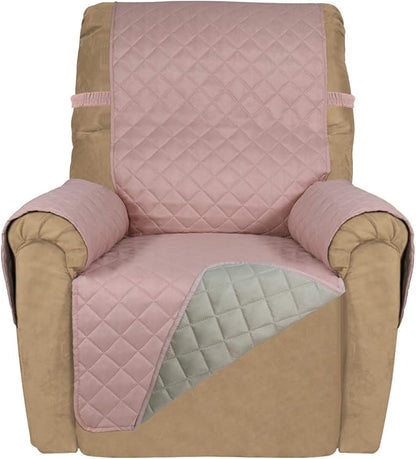 PureFit Reversible Quilted Sofa Cover, Water Resistant Slipcover Furniture Protector, Washable Couch Cover with Non Slip and Elastic Straps for Kids, Dogs, Pets (Small Recliner, Pink/Beige)