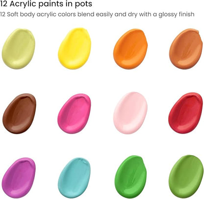 Arteza Kids Nature Painting Kit, 4 Canvases 3 x 3 Inches, 4 Easels, 12 Acrylic Paints, 2 Paint Brushes, 1 Palette, Kids Activities for Ages 6 and Up