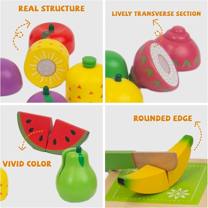 Wooden Play Food for Kids Kitchen, 38PCS Cutting Fruits Toys for Toddlers Pretend Vegetables Gift for Boys Girls Educational Toys (Fruit Bucket)
