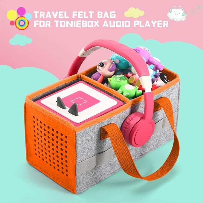 PISOSN Carrying Case for Toniebox Starter Set and Tonies Figurines, Travel Felt Cloth Musical Toy Folding Bag for Toniebox 2 & Accessories (Orange)