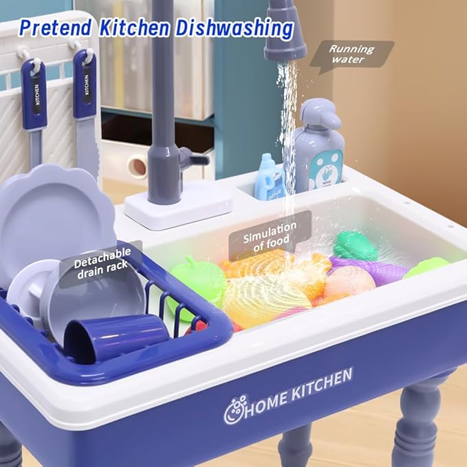 Play Kitchen Sink Toys with Running Water, Toddler Electric Dishwasher Playing Toy with Cutting Foods, 33 PCS Pretend Role Play Accessories Set, Learning Gift for Girls Boys (Blue)