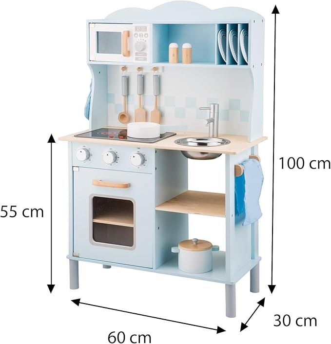 New Classic Toys Blue Wooden Pretend Play Toy Kitchen for Kids with Role Play Bon Appetit Electric Cooking Included Accesoires Makes Sound
