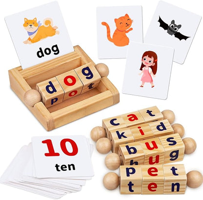 Montessori Toys for Toddlers 2 3 4 Years Old Wooden Reading Blocks Flash Cards Short Vowel Turning Rotating Matching Letters Toy for Kids Educational Alphabet Learning Toys for Preschool Boys Girls