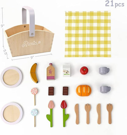 Play Food Sets for Kids Kitchen, Wooden Picnic Basket Playset Toy,Pretend Play Kitchen Food Toy with Cutting Fruits for Toddlers Girls Boys Ages 3+