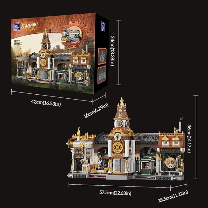PANTASY Train Station Architecture Building Set, Steampunk Railway Station Building-Bricks Set, Features a Buildable Train, Tracks, Ticket Office Construction Building Toy Kit for Adults and Teen
