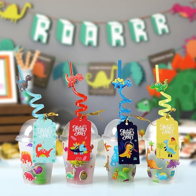 MOVINPE Dinosaur Party Favors Personalize Goody Cups with Gift Tags, Filled with Dinosaur Themed Reusable Straws Stampers Luminous Dinos Figure Slap Bracelets Keychains Rings 3D Stickers for Kids