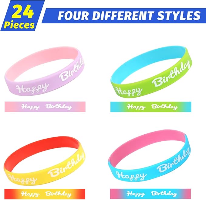 CCINEE 24 PCS Happy Birthday Silicone Bracelets, Colored Silica Rubber Stretch Wristbands for Kids Teenagers Birthday Party Supplies,4 Styles