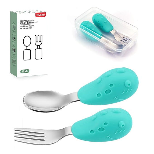 Baby Fork and Spoon Set with Carry Case Baby Training Utensils Self Feeding Toddler Silverware Silicone and Stainless Steel Kids and Toddler Utensil Set-Dinosaur