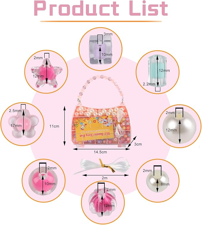 Saimiy 220+ Jewelry Making Kit Gifts for Kids,Pink Handbag Bead Box for Bracelet Making Kit for Girls,6-Year-Old Girl Birthday Gift,Jewelry Crafts for Kids Ages 3+