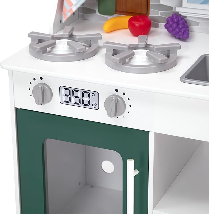 Delta Children Tiny Chef Play Kitchen - Toy Kitchen Playset with Realistic Knobs That Turn/Click, Oven, Sink, Microwave and 15 Pieces of Play Food, Green