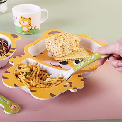 Bamboo Kids Dinnerware Set 5 Pcs Includes Plate Bowl Cup Fork Spoon Perfect for Kids BPA-Free (Tiger)