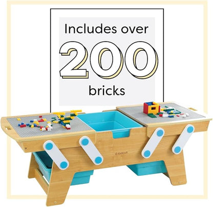 KidKraft Building Bricks Play N Store Wooden Table, Children's Toy Storage with Bins, 200+ Building Blocks Included, Natural, Gift for Ages 3+