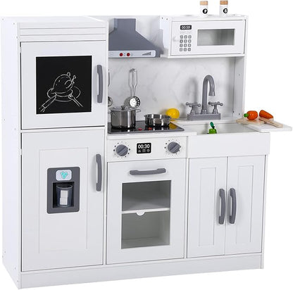 Play Kitchen for Kids, Wooden Play Kitchen with Toy Storage System, Toy Kitchen Set with Plenty of Play Features, Gift for Ages 3+,White