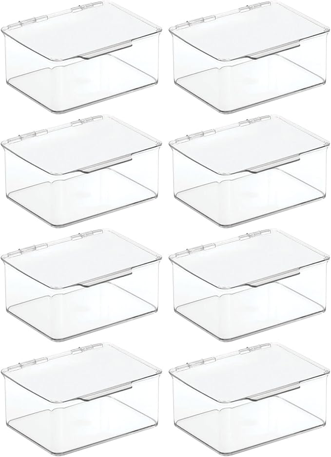 mDesign Plastic Playroom and Gaming Storage Organizer Box Containers with Hinged Lid for Shelves or Cubbies, Holds Small Toys, Building Blocks, Puzzles, Markers, Controllers, or Crayons, 8 Pack, Clear