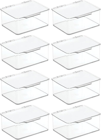 mDesign Plastic Playroom and Gaming Storage Organizer Box Containers with Hinged Lid for Shelves or Cubbies, Holds Small Toys, Building Blocks, Puzzles, Markers, Controllers, or Crayons, 8 Pack, Clear