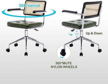 Zesthouse Modern Home Office Chair Leather Desk Chair with Rattan Back, Vanity Chair for Girls Women, Upholstered Tufted Swivel Armchair for Bedroom, Height Adjustable Computer Task Chair