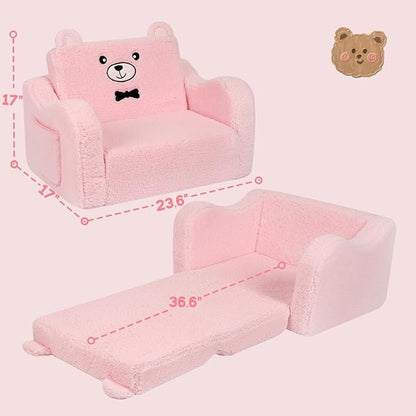 Kids Chairs for Toddler, 2-in-1 Toddler Soft Sherpa Couch Fold Out, Convertible Sofa to Lounger for Girls and Boys, Teddy Bear, Pink