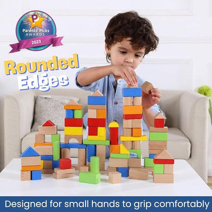 Pidoko Kids Wooden Blocks - 100 Pcs - Building Blocks for Toddlers - Includes Storage Container with Shape Sorter Top - Hardwood Plain & Colored Wood Blocks - Preschool Block Learning Toys